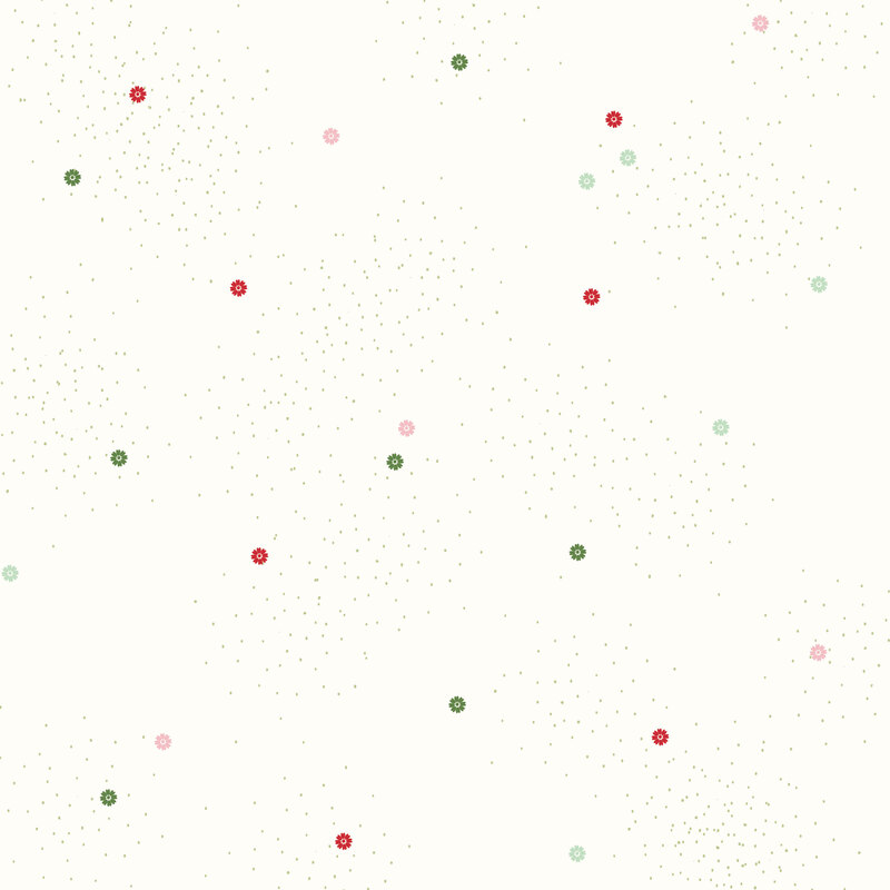 Cream fabric with green, pink, and red daisies and pin dots.