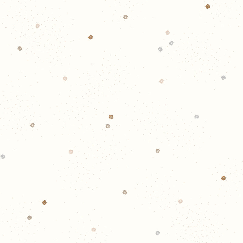 Cream fabric with neutral-tone daisies and pin dots.