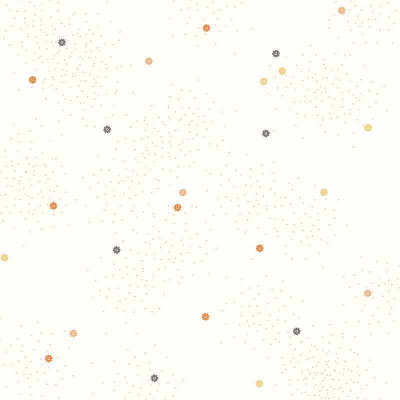 Cream fabric with yellow, orange, and gray daisies and pin dots.