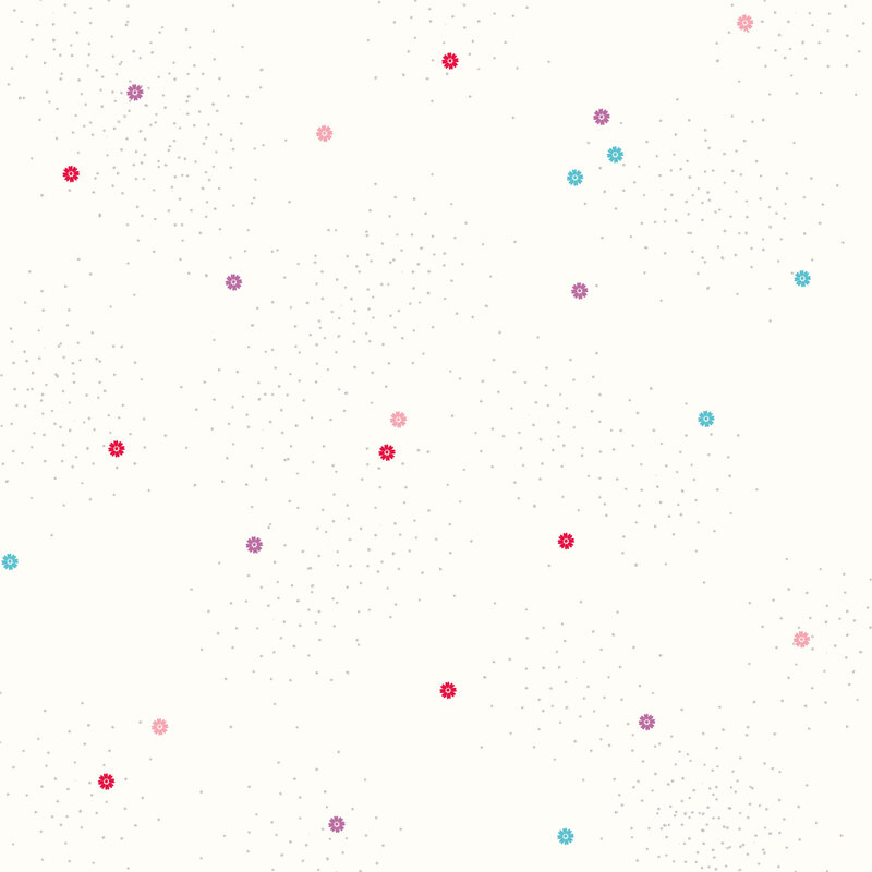 Cream fabric with red, purple, pink, and blue daisies and pin dots.