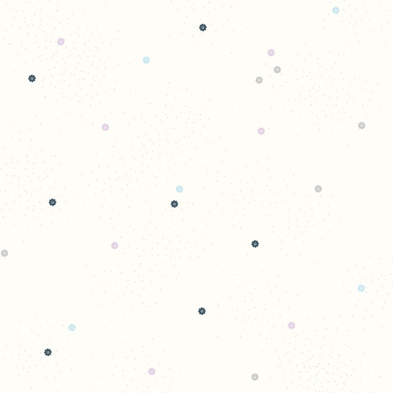 Cream fabric with gray, blue, and purple daisies and pin dots.