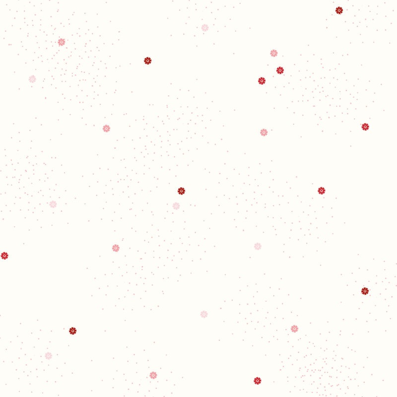 Cream fabric with small pink and red daisies and pin dots.