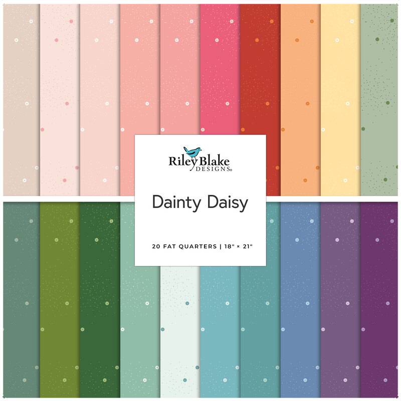Collage of the 20 Count Fat Quarter Bundle from the Dainty Daisy fabric collection.