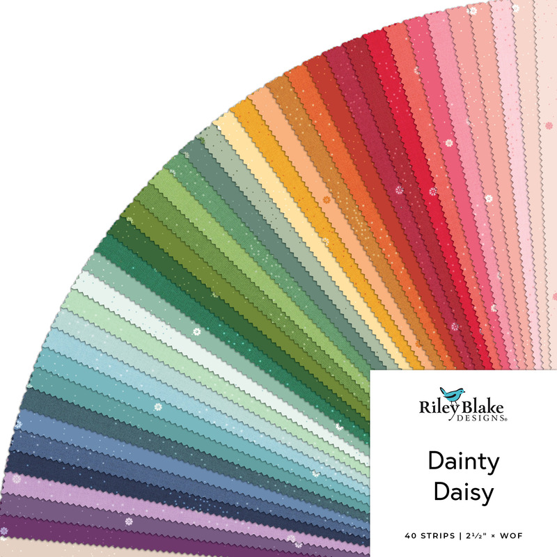 Collage of the 2.5" Strip Roll Bundle from the Dainty Daisy fabric collection.