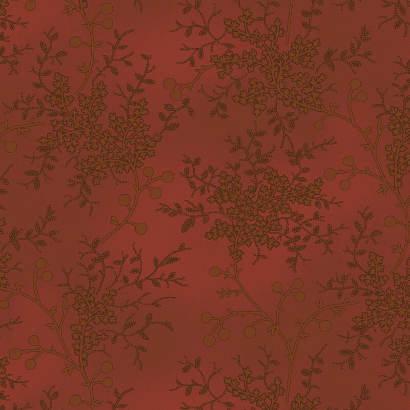 Mottled tonal ruby fabric strewn with floral vines.