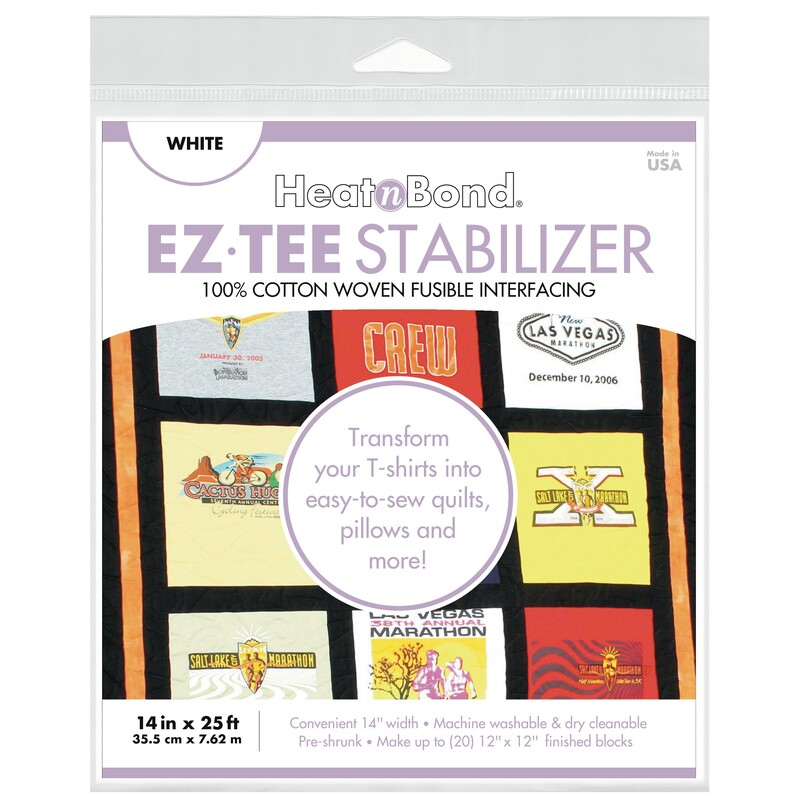 Package of Heat n Bond EZ-TEE stabilizer, 100% cotton, white fabric for T-shirt quilting projects.
