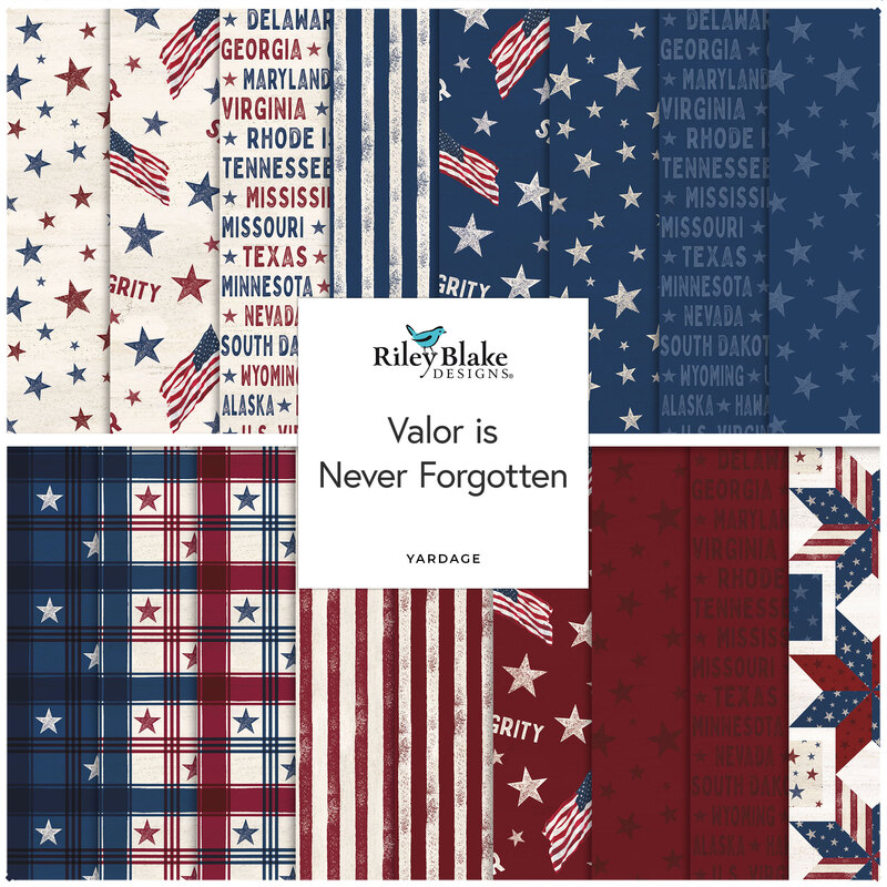 Collage of yardage fabrics with American motifs and colors featuring stripes, American states and territories, and plaids.