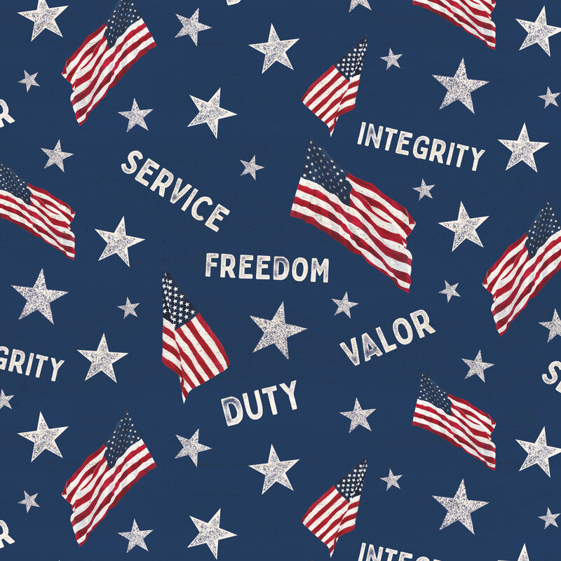 Blue fabric with cream stars, waving American flags, and valorous motifs.