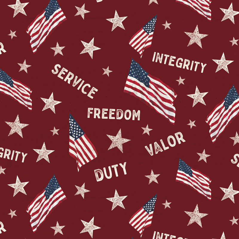 Red fabric with cream stars, waving American flags, and valorous motifs.
