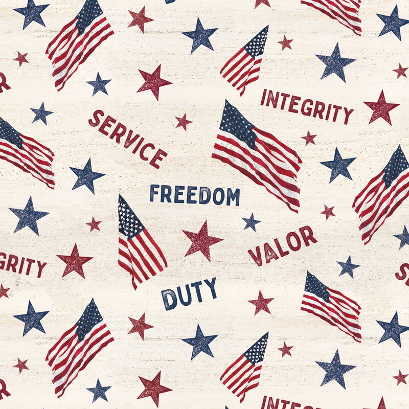 Cream fabric with cream stars, waving American flags, and valorous motifs.
