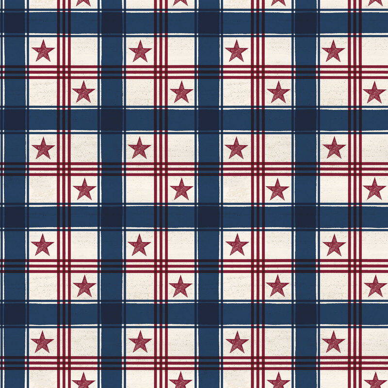 Cream plaid fabric with red stars and lines and blue lines in a repeating pattern.