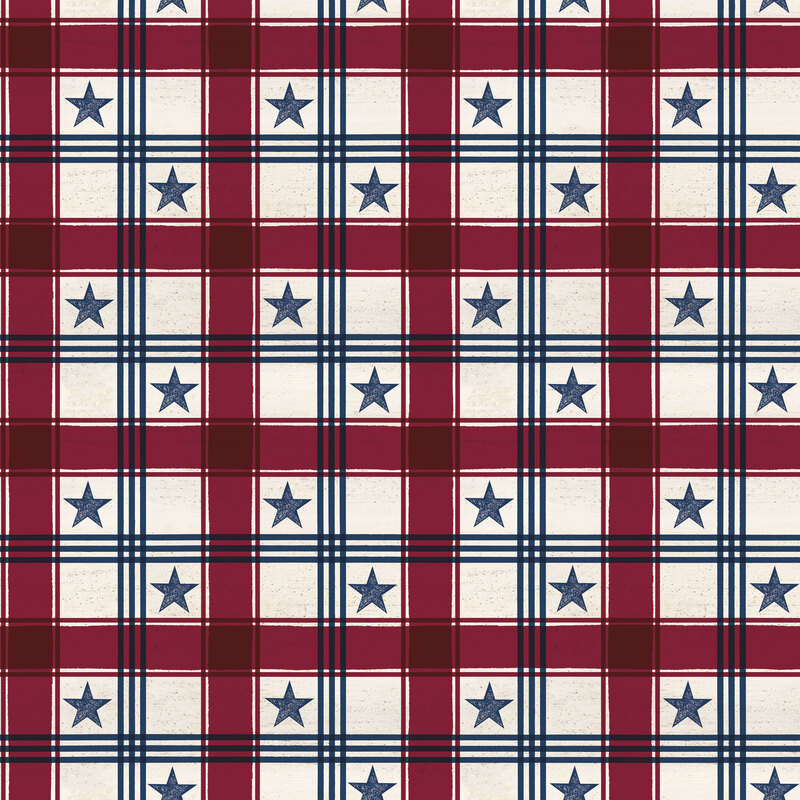 Cream plaid fabric with blue stars and lines and red lines in a repeating pattern.