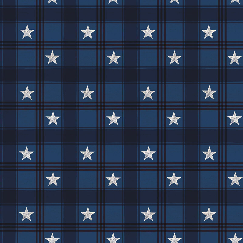 Blue-scale plaid fabric with cream stars in a repeating pattern.