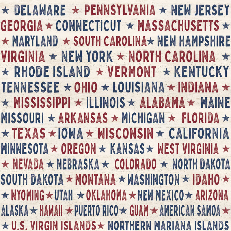 Cream fabric with lines of blue and red text reading out American states and territories.