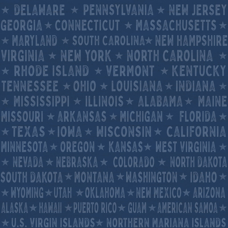 Blue tonal fabric with lines of text reading out American states and territories.