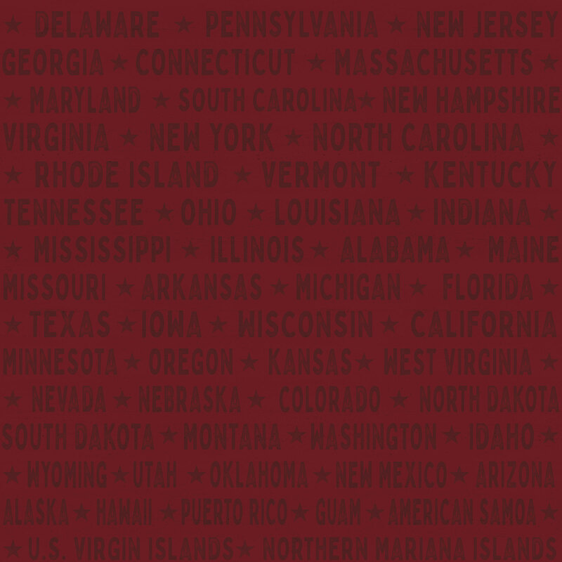Red tonal fabric with lines of text reading out American states and territories.
