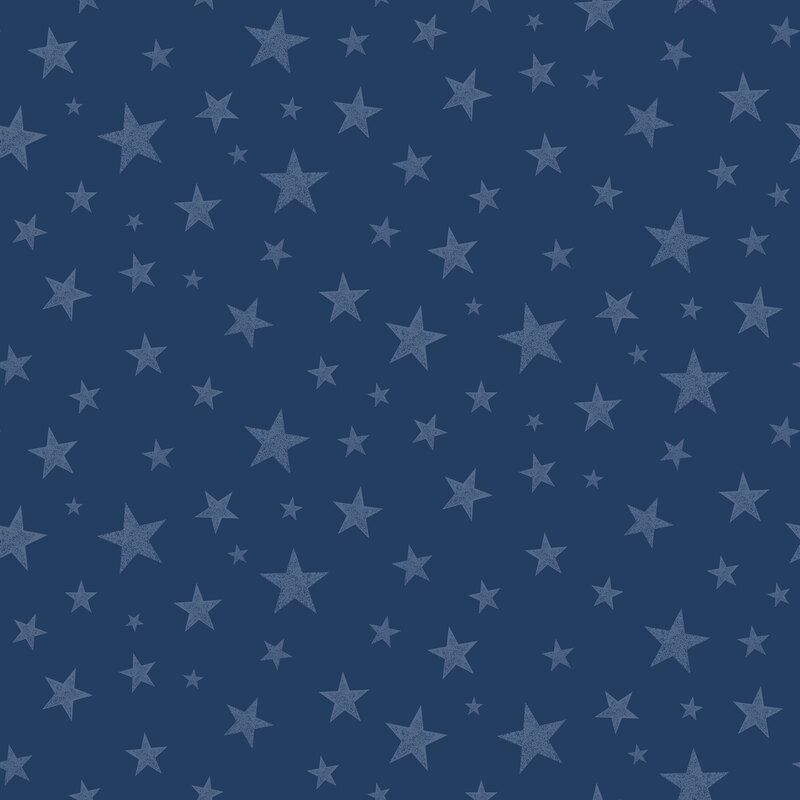 Blue tonal fabric tossed with stars of varying sizes.