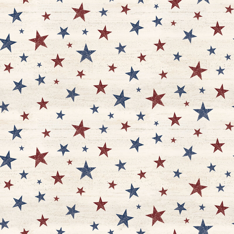 Textured cream fabric tossed with red and blue stars of varying sizes.