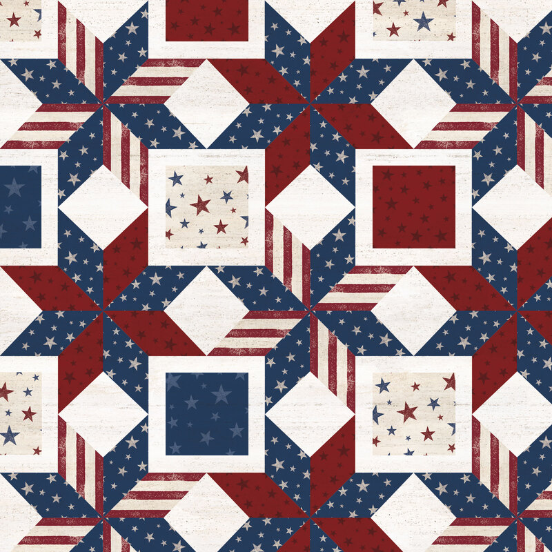Cheater yardage fabric featuring geometric cuts of American motifs in red, white, cream, and blue
