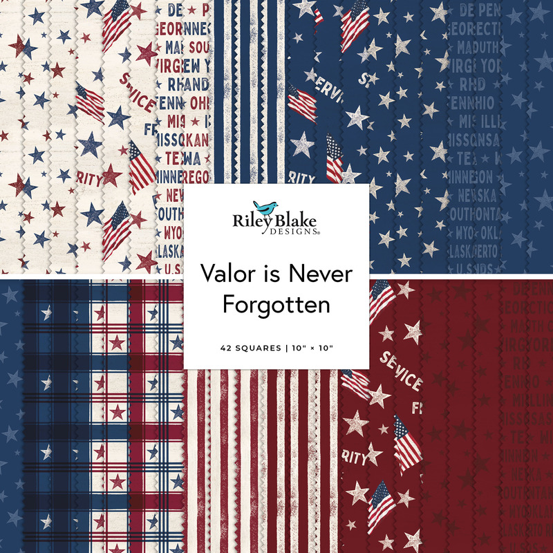 Collage of 10" square fabric cuts featuring American motifs and colors, as well as stripes, American states and territories, and plaids.