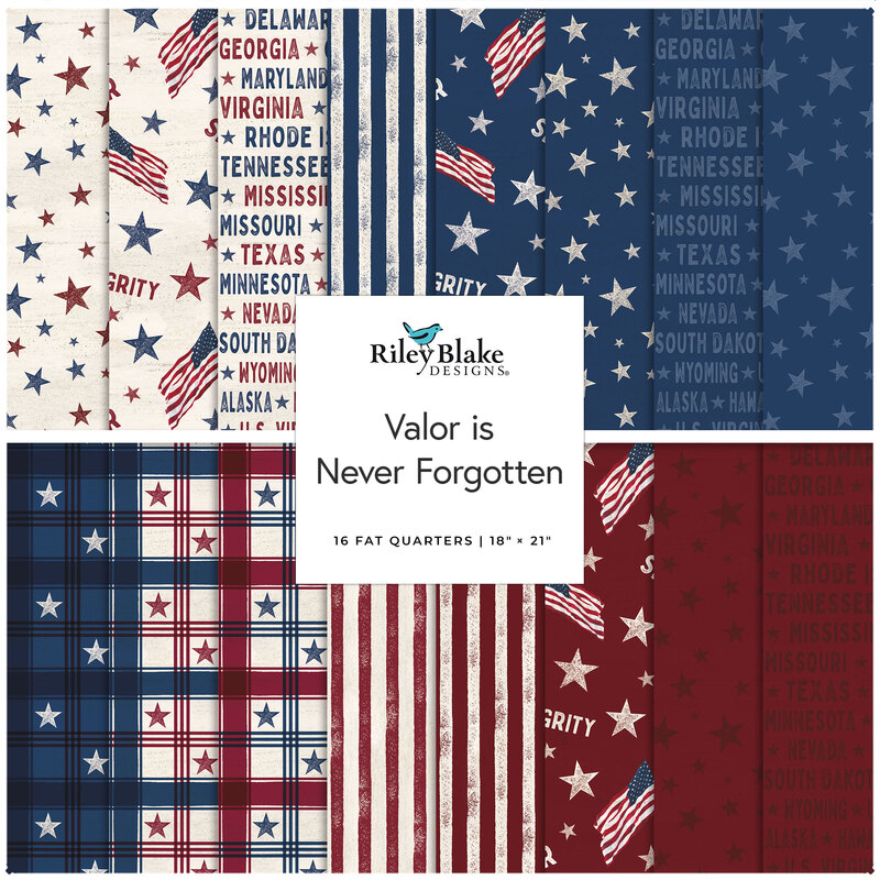 Collage of a fat quarter set featuring American motifs and colors, as well as stripes, plaids, and American states and territories.