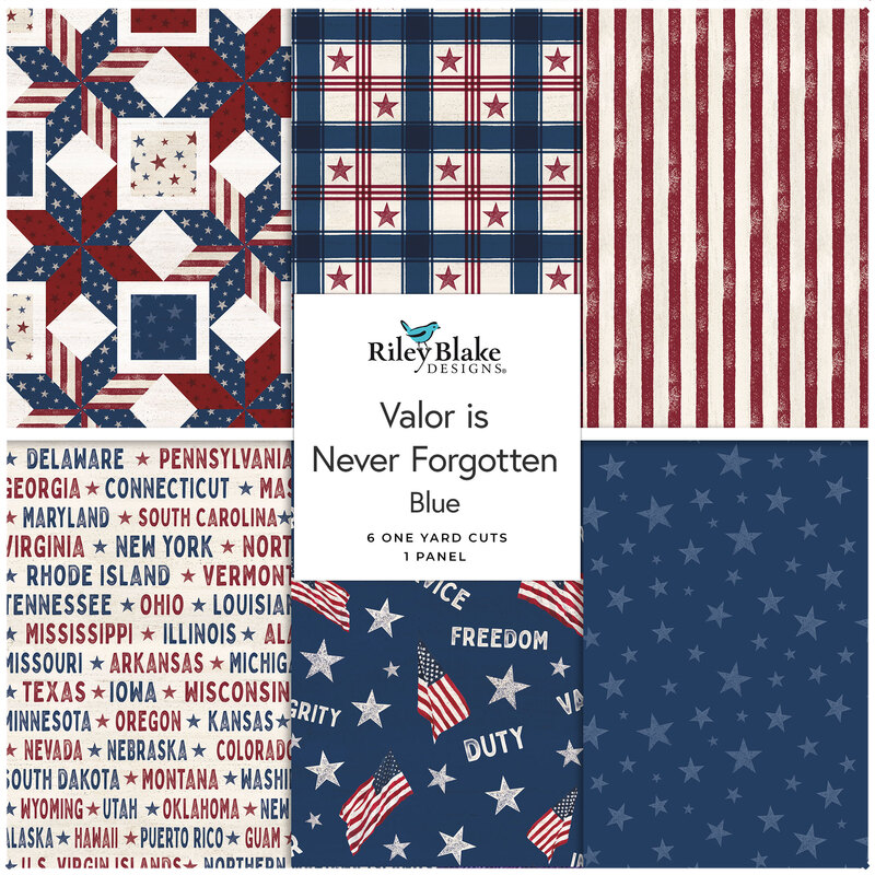 Collage of primarily blue one yard cuts from the "Valor is Never Forgotten" collection featuring American motifs and colors.