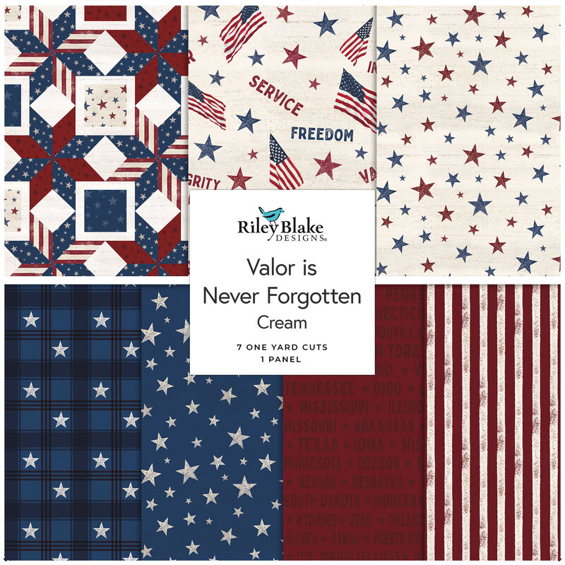 Collage of primarily cream one yard cuts from the "Valor is Never Forgotten" collection featuring American motifs and colors.