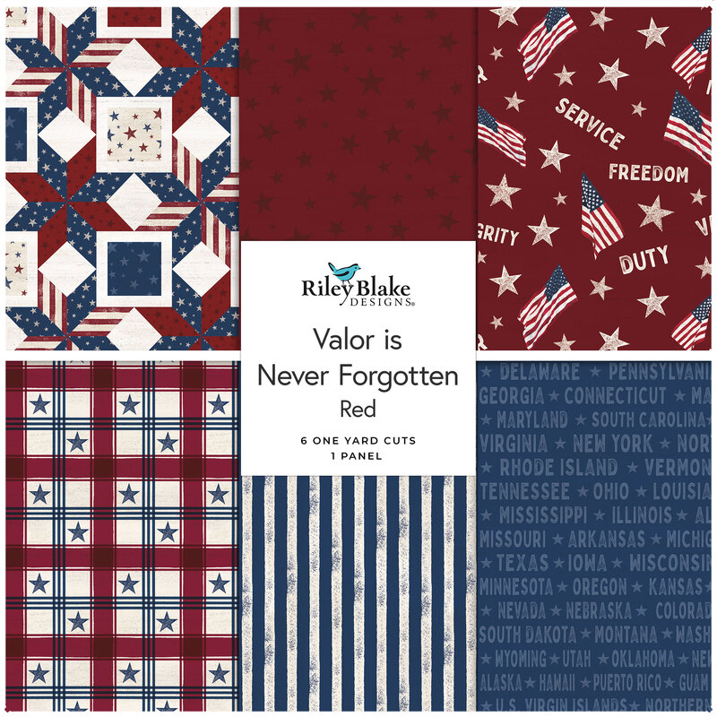 Collage of primarily red one yard cuts from the "Valor is Never Forgotten" collection featuring American motifs and colors.