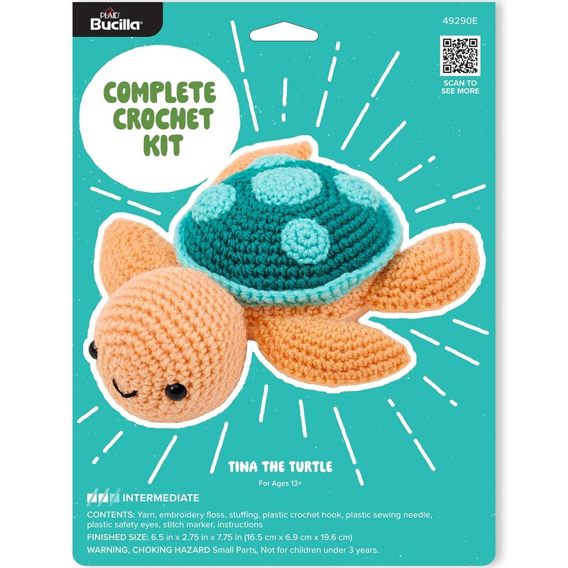 Package of a crochet kit featuring a colorful turtle named Tina.