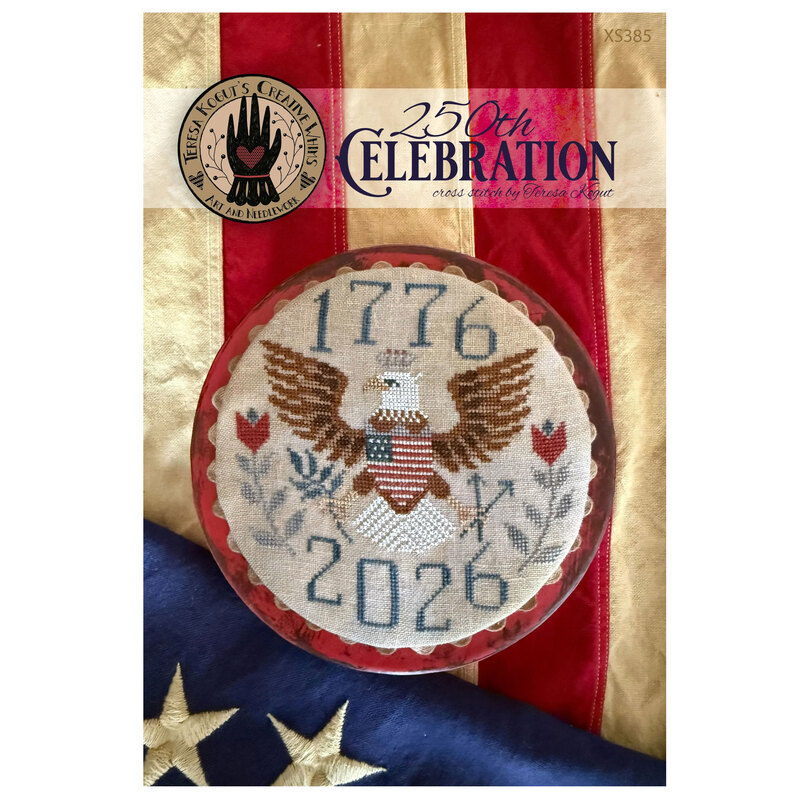 Cover of 250th Celebration pattern featuring a the finished cross-stitch design staged on an old american flag.