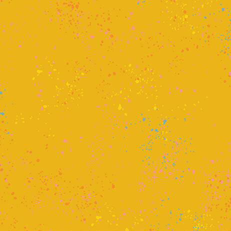 Gold fabric with natural splatters of bright yellows, blues, pinks, and orange.