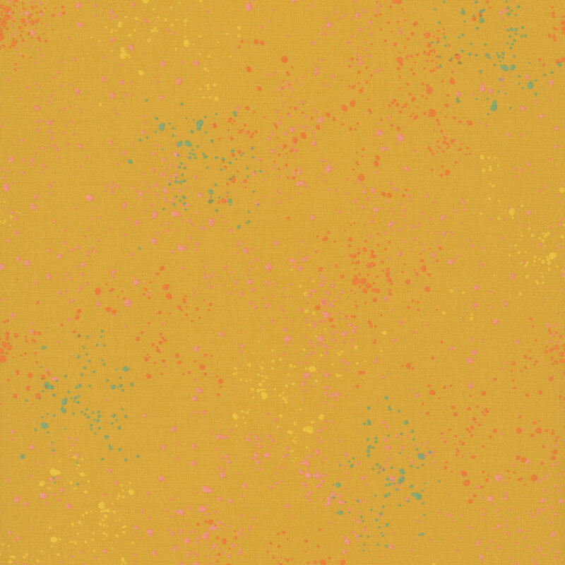 Gold fabric with natural splatters of bright yellows, blues, pinks, and orange.