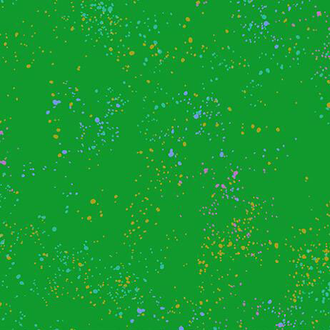 Forest green fabric with natural splatters of blue, yellow, pink, and orange.