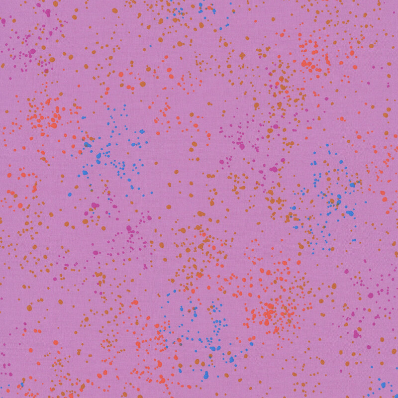 Dark mauve fabric with natural splatters of pink, orange, blue and yellow.
