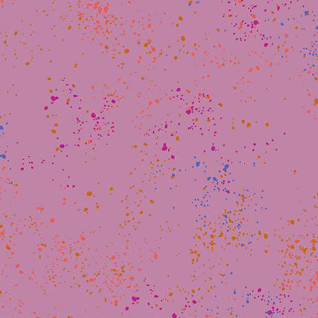 Dark mauve fabric with natural splatters of pink, orange, blue and yellow.