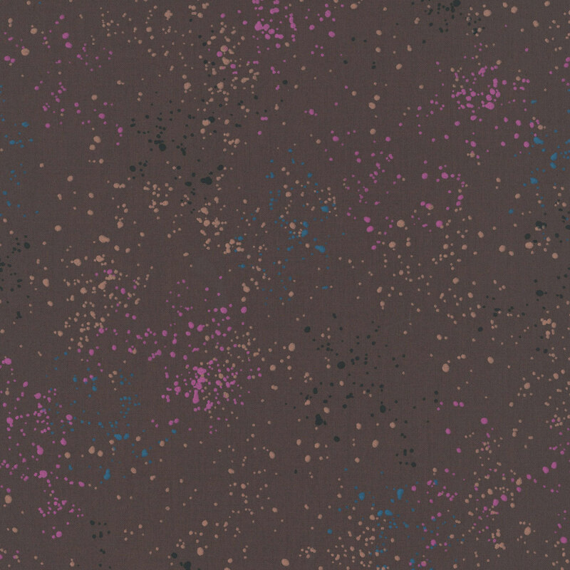 Mouse gray fabric with natural splatters of peach, magenta, blue, and black.