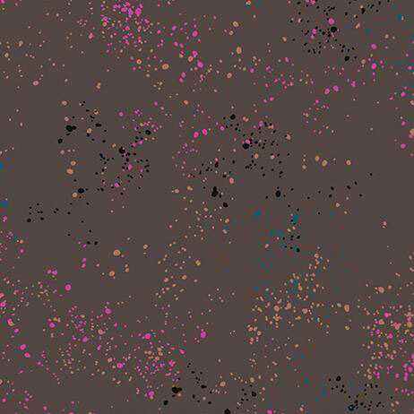 Mouse gray fabric with natural splatters of peach, magenta, blue, and black.