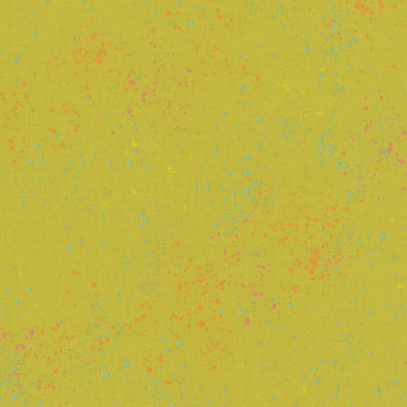 Chartruese fabric with splatters of pink, blue, orange, and yellow.