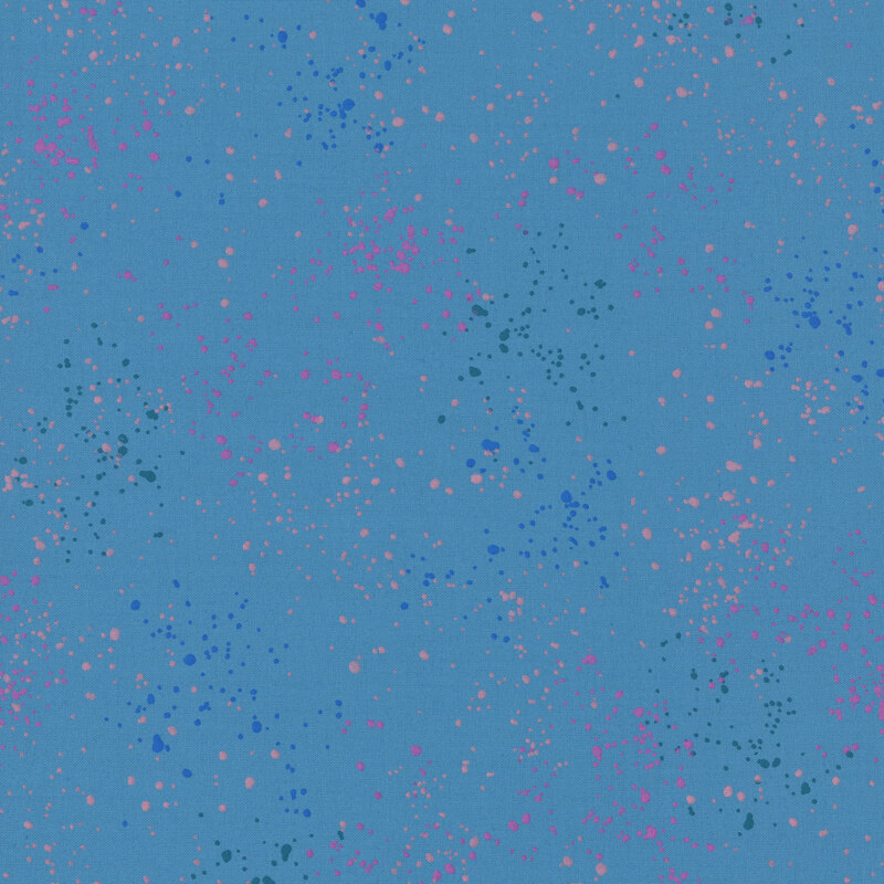 Dark denim fabric with natural splatters of salmon, magenta, green, and purple.
