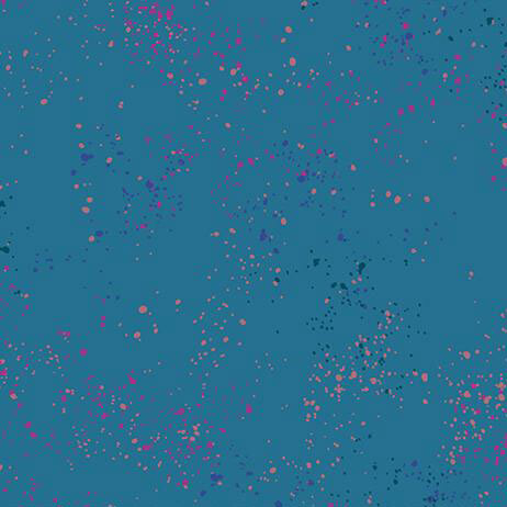 Dark denim fabric with natural splatters of salmon, magenta, green, and purple.
