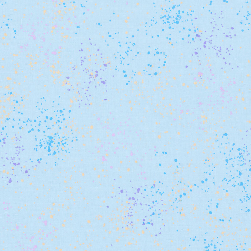 Baby blue fabric with natural splatters of yellow, dark blue, purple, and pink.