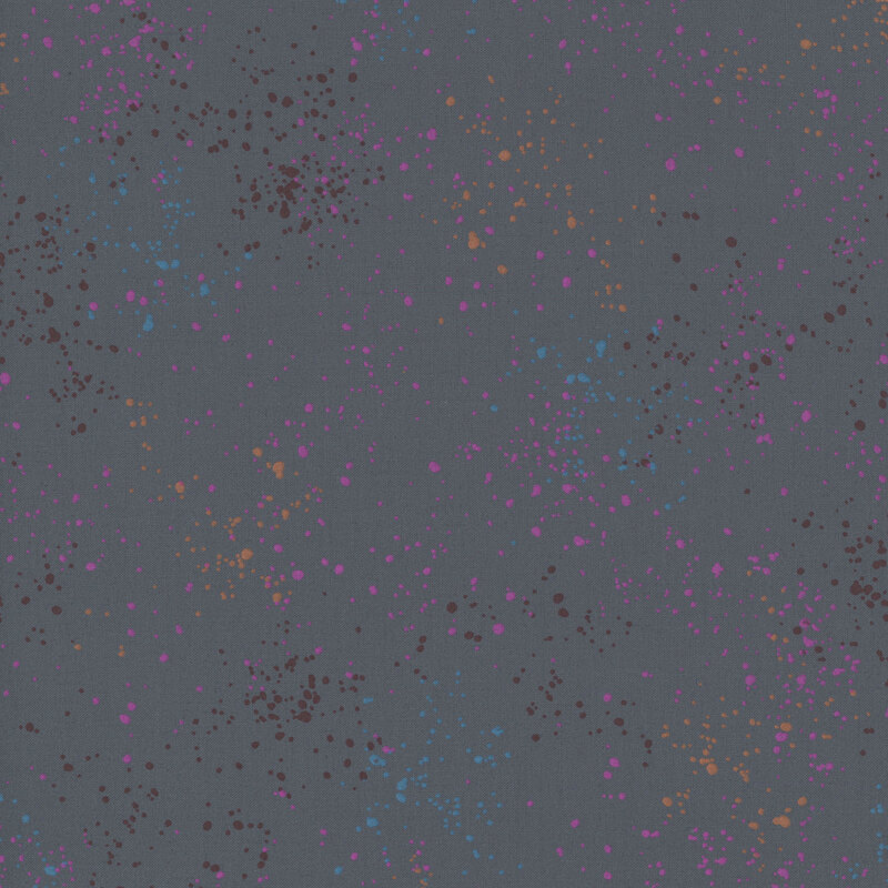 Dolphin gray fabric with natural splatters of peach, magenta, purple, and blue.