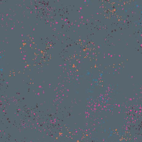 Blue gray fabric with natural splatters of peach, magenta, purple, and blue.