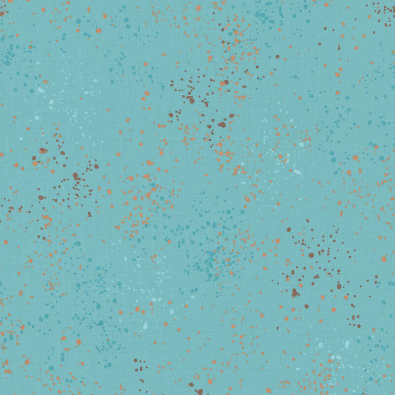 Turquoise fabric with natural metallic splatters of orange, powder blue, and teal.