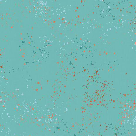 Turquoise fabric with natural metallic splatters of orange, powder blue, and teal.