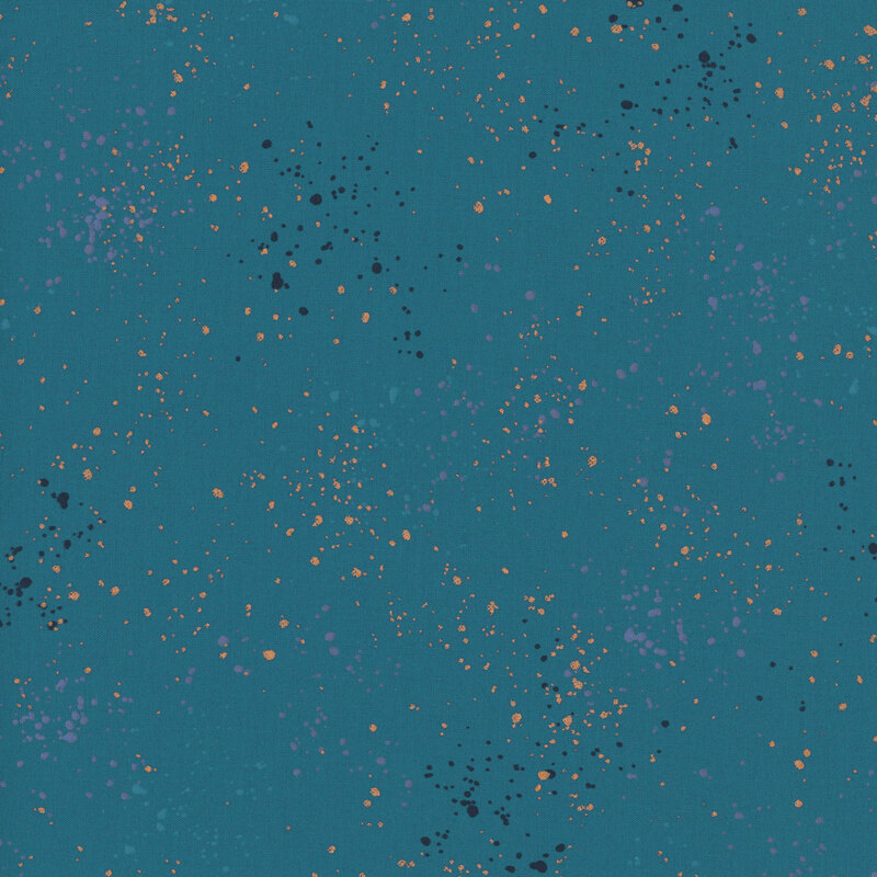 Dark teal fabric with natural metallic splatters of orange, blue, and purple.