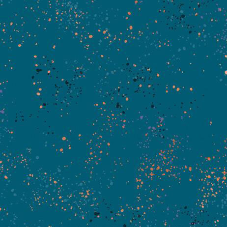 Dark teal fabric with natural metallic splatters of orange, blue, and purple.