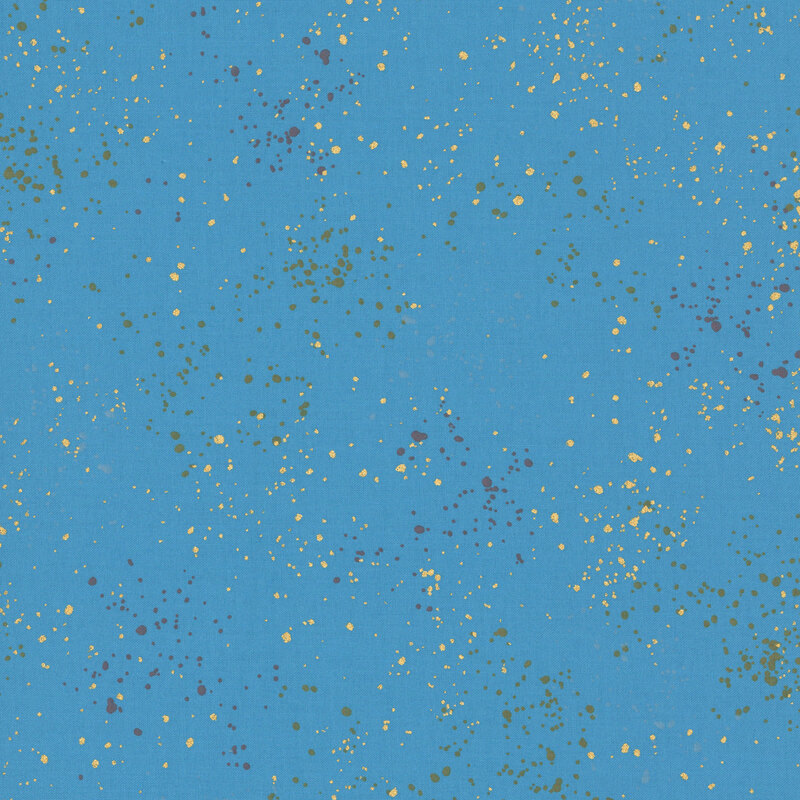 Bright cerulean blue fabric with natural metallic splatters of yellow, orange, light blue, and red.