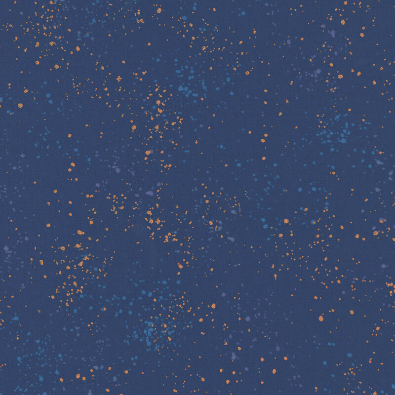 Dark denim blue fabric with natural metallic splatters of gray, orange, purple, and turquoise.
