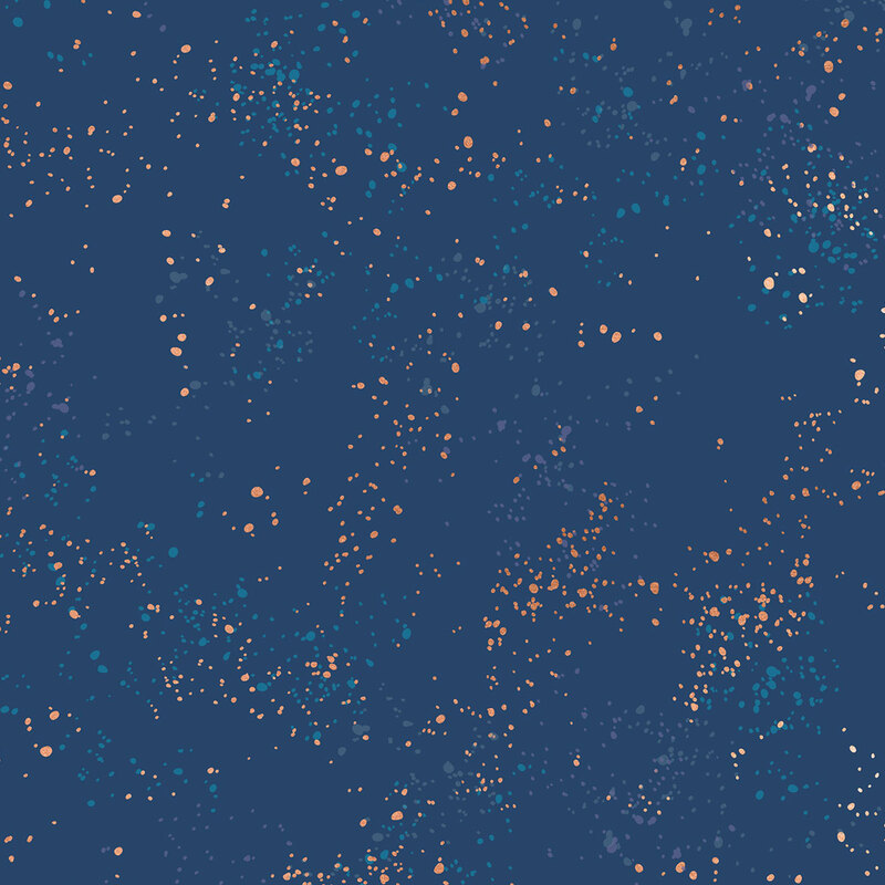 Dark denim blue fabric with natural metallic splatters of gray, orange, purple, and turquoise.